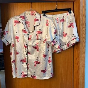 Cream Satin Pajama Set with Pink Flamingo Print